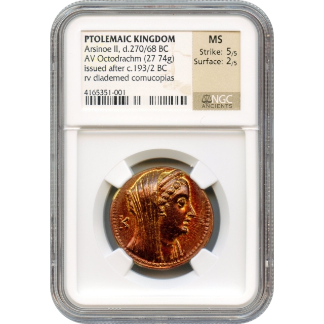 Ancient Greece - 270/68 BC Ptolemaic Kingdom, Arsinoe II AV Octodrachm NGC MS