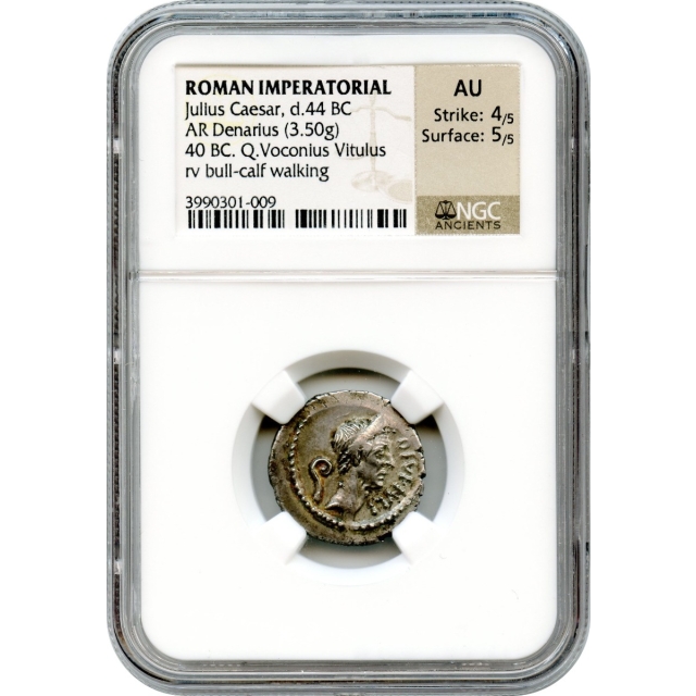 Ancient Roman Imperatorial - 40 BCE Julius Caesar AR Denarius NGC AU - Q. Vaconious Vitulus moneyer