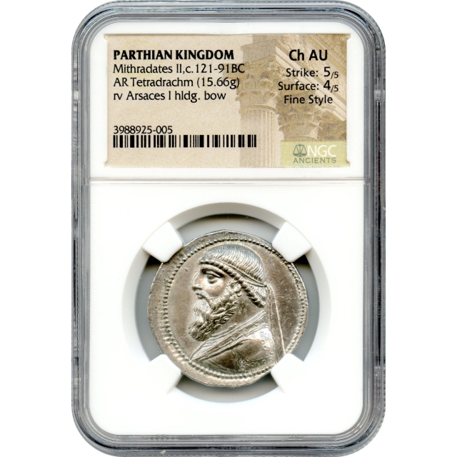 Ancient Greece - 121-91 BCE Parthian Kingdom, Mithradates II AR Tetradrachm NGC Choice AU Fine Style