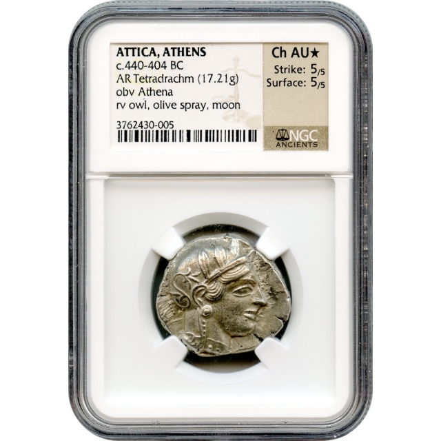 Ancient Greece - 440-404 BCE Attica, Athens Owl AR Tetradrachm NGC Choice AU* (STAR)