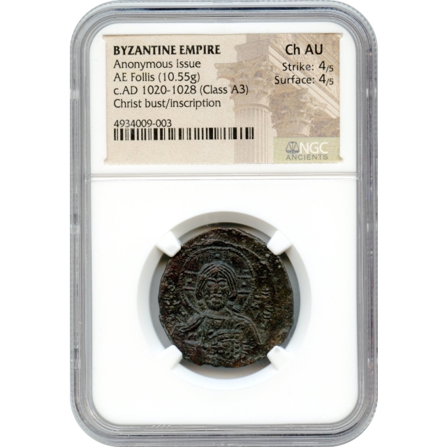 Byzantine Empire - AD 1020-1028 Image of Christ Bust Anon Issue AE Follis NGC Choice AU