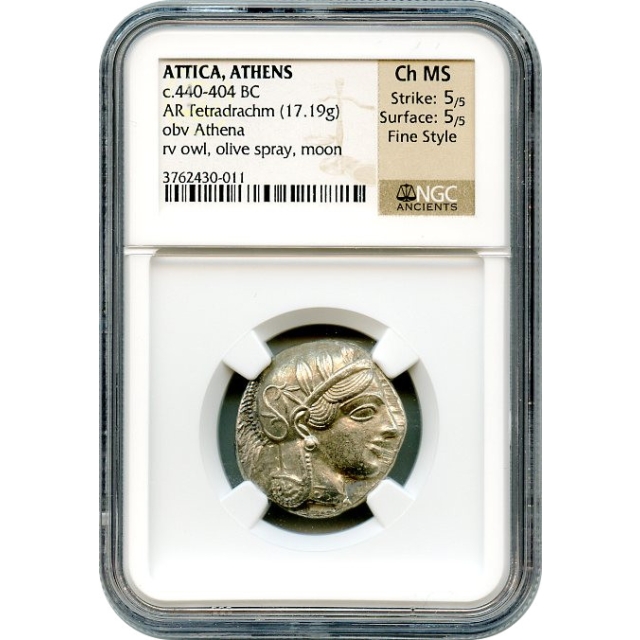 Ancient Greece - 440-404 BCE Attica, Athens Owl AR Tetradrachm NGC Choice MS Fine Style