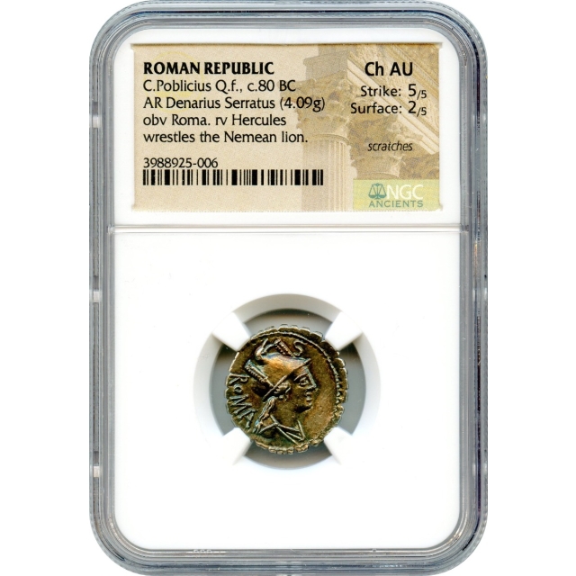 Ancient Roman Republic -  80 BCE C. Poblicius Q.f. Serratus AR Denarius NGC Choice AU