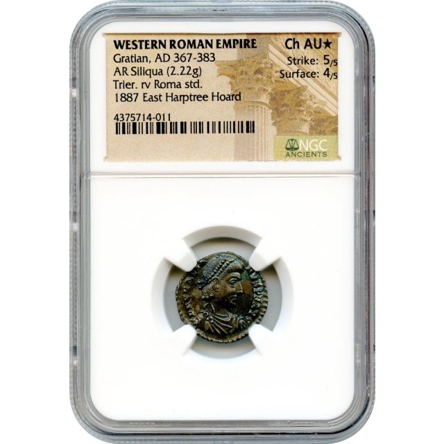 Ancient Rome Western Empire - AD 367-383 Gratian AR Siliqua NGC Choice AU* Ex.Harptree Hoard