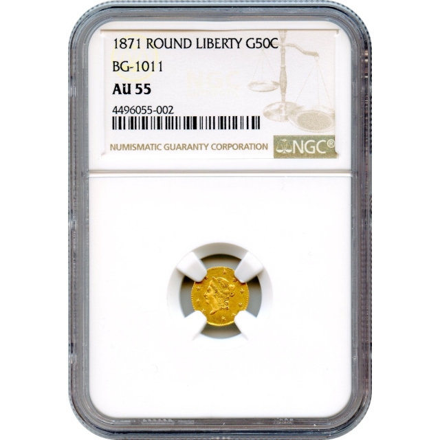 BG-1011, 1871 California Fractional Gold 50C, Liberty Round NGC AU55 R2