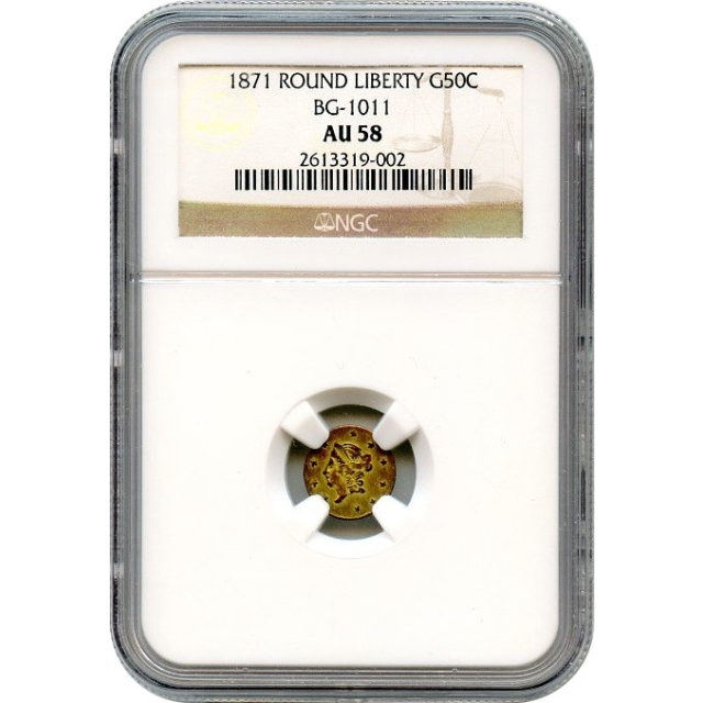 BG-1011, 1871 California Fractional Gold 50C, Liberty Round NGC AU58 R2