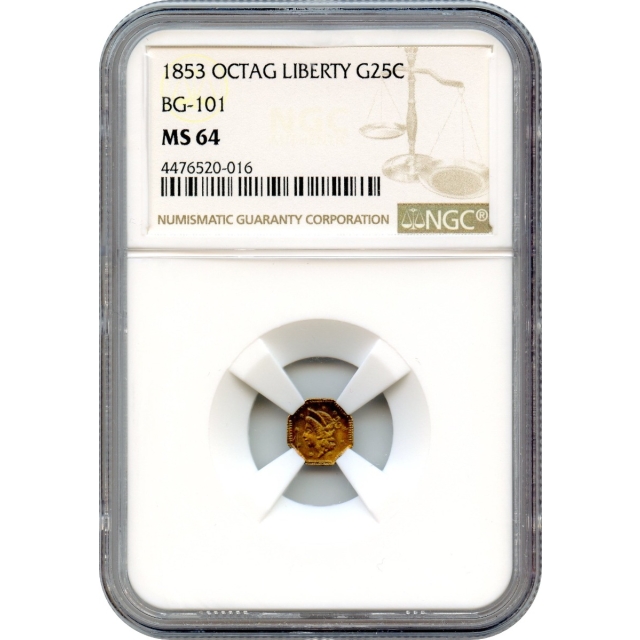 BG- 101, 1853 California Gold Rush Circulating Fractional Gold 25C, Liberty Octagonal NGC MS64 R5-