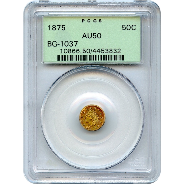 BG-1037 G50C 1875 California Fractional, Indian Round PCGS AU50 R4