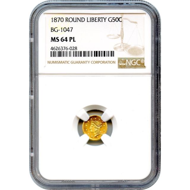 BG-1047, 1870 California Fractional Gold 50C, Liberty Round NGC MS64PL R4+