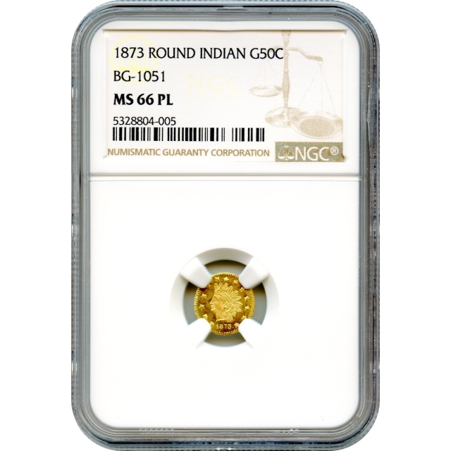 BG-1051, 1873 California Fractional Gold 50C, Indian Round NGC MS66PL R5-