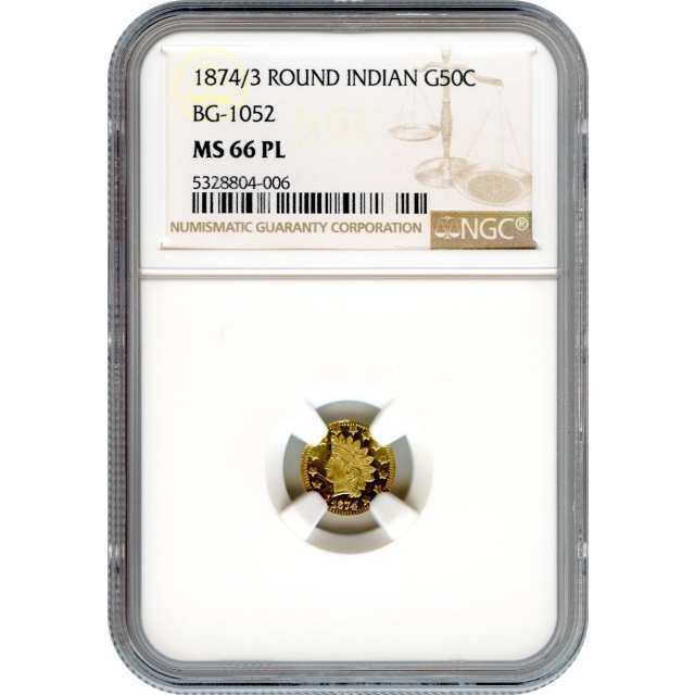 BG-1052, 1874/3 California Fractional Gold 50C, Indian Round NGC MS66PL R4+