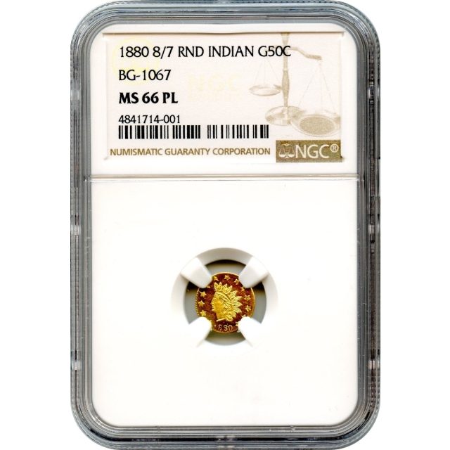 BG-1067 G50C 1880 8/7 California Fractional, Indian Round NGC MS66PL - Finest PL! R4-