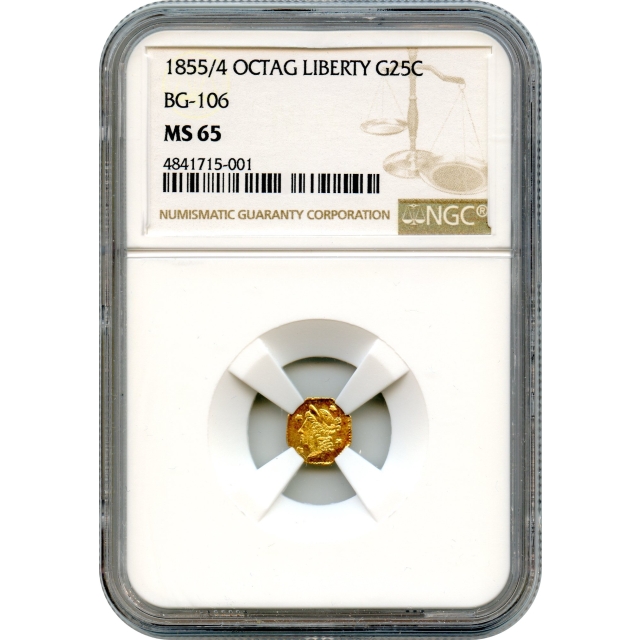 BG- 106, 1855/4 California Gold Rush Circulating Fractional Gold 25C, Liberty Octagonal NGC MS65 R3	