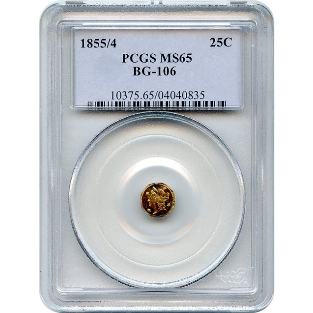 BG- 106, 1855/4 California Gold Rush Circulating Fractional Gold 25C, Liberty Octagonal PCGS MS65 R3