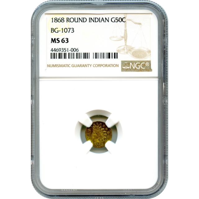 BG-1073, 1868 California Fractional Gold 50C, Indian Round NGC MS63 R7+