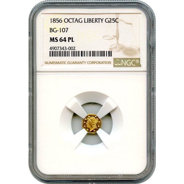 BG- 107, 1856 California Gold Rush Circulating Fractional Gold 25C, Liberty Octagonal NGC MS64PL