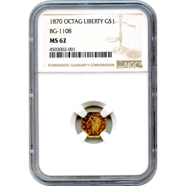 BG-1108, 1870 California Fractional Gold $1, Liberty Octagonal NGC MS62 R7