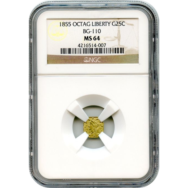 BG- 110, 1855 California Gold Rush Circulating Fractional Gold 25C, Liberty Octagonal NGC MS64 R4+