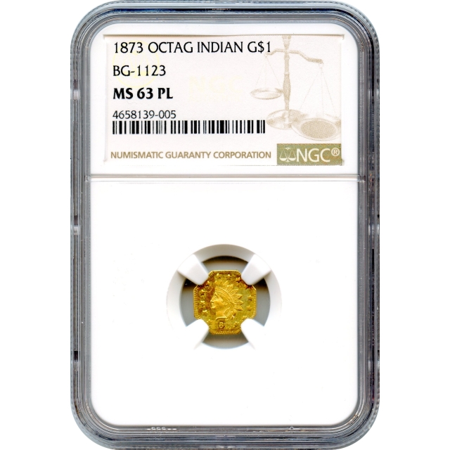 BG-1123, 1873 California Fractional Gold $1, Indian Octagonal NGC MS63PL R4+