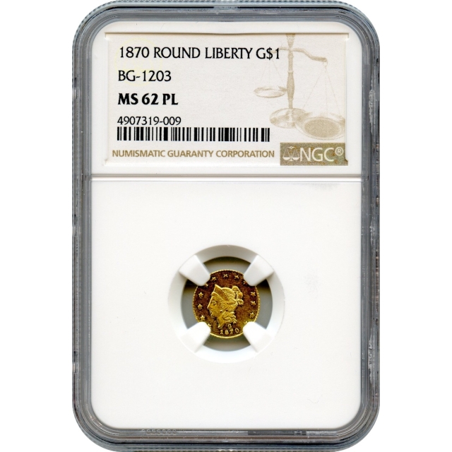 BG-1203, 1870 California Fractional Gold $1, Liberty Round NGC MS62 Prooflike R5-