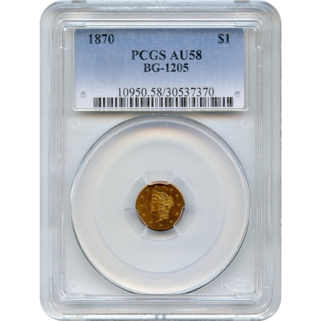 BG-1205, 1870 California Fractional Gold $1, Liberty Round PCGS AU58 R4+