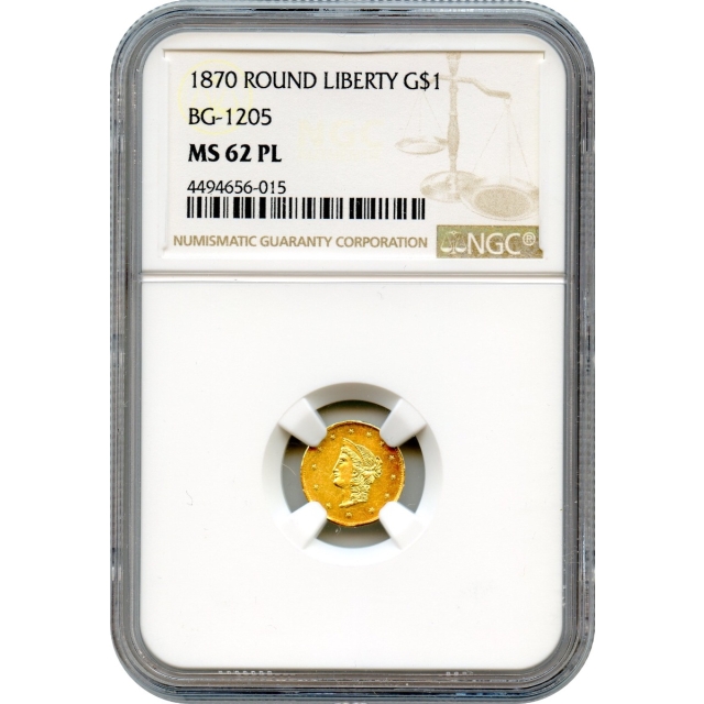 BG-1205, 1870 California Fractional Gold $1, Liberty Round NGC MS62PL R4+