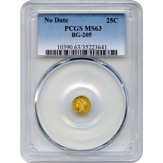 BG- 205, 1853 California Gold Rush Circulating Fractional Gold 25C, Liberty Round PCGS MS63 R6