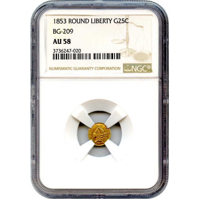 BG- 209, 1853 California Gold Rush Circulating Fractional Gold 25C, Liberty Round NGC AU58 R7-