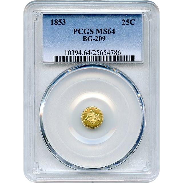 1853 California Fractional Gold 25C, BG-209 Liberty Round PCGS MS64 R7-