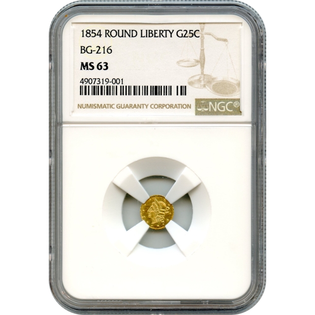 BG- 216, 1854 California Gold Rush Circulating Fractional Gold 25C, Liberty Round NGC MS63 R6