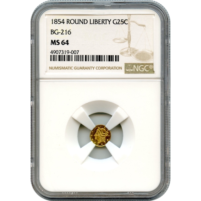 BG- 216, 1854 California Gold Rush Circulating Fractional Gold 25C, Liberty Round, NGC MS64 --Finest Known!