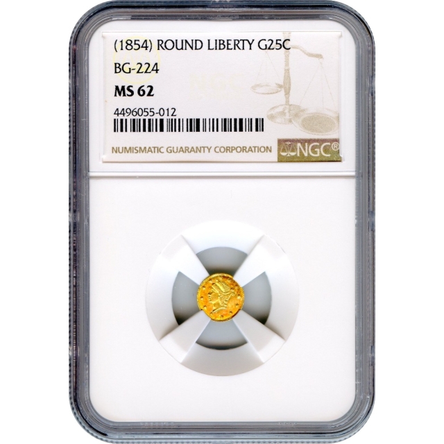 BG- 224, c.1854 California Gold Rush Circulating Fractional Gold 25C, Liberty Round NGC MS62 R3