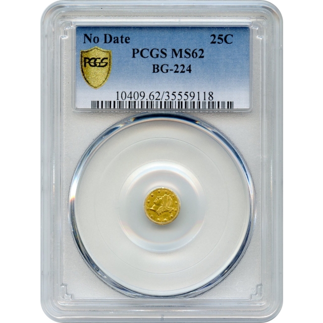 BG- 224, c.1854 California Gold Rush Circulating Fractional Gold 25C, Liberty Round PCGS MS62 R3