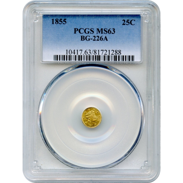 BG- 226A, 1855 California Gold Rush Circulating Fractional Gold 25C, Liberty Round PCGS MS63 R5