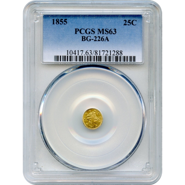 BG- 226A, 1855 California Gold Rush Circulating Fractional Gold 25C, Liberty Round PCGS MS63 R5