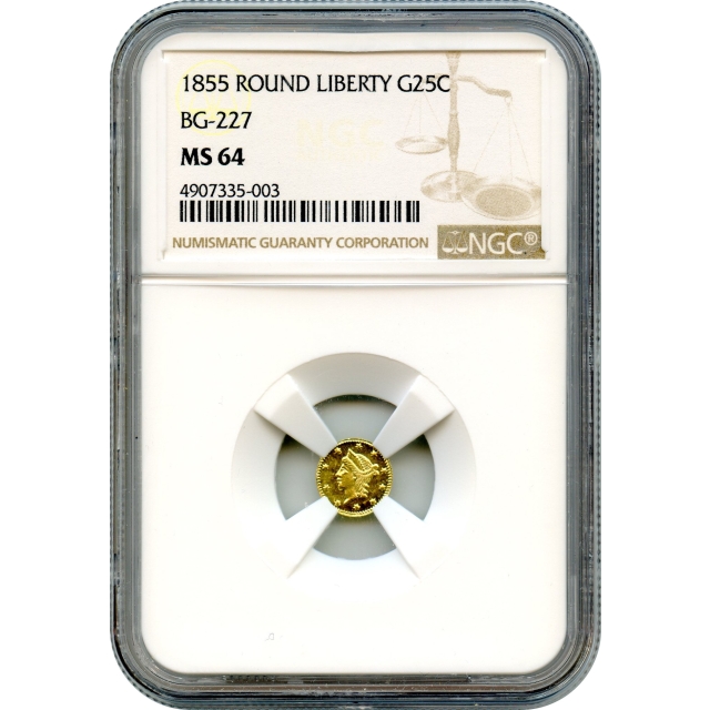 BG- 227, 1855 California Gold Rush Circulating Fractional Gold 25C, Liberty Round NGC MS64 R6