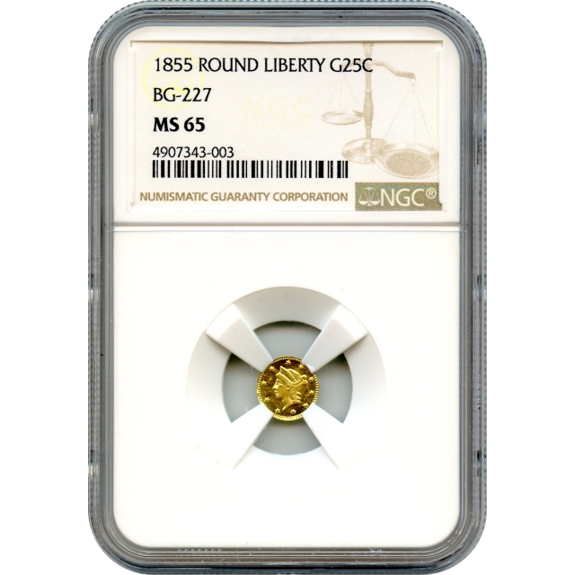 BG- 227, 1855 California Gold Rush Circulating Fractional Gold 25C, Liberty Round NGC MS65 R6 - Tied for Finest Known!