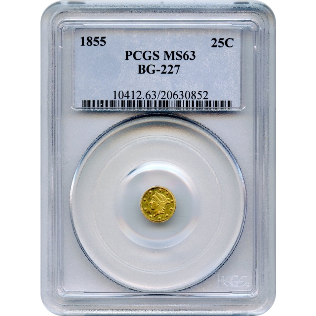BG- 227, 1855 California Gold Rush Circulating Fractional Gold 25C, Liberty Round PCGS MS63 R6