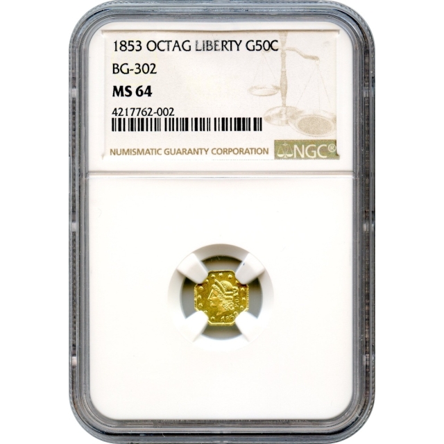 BG- 302, 1853 California Gold Rush Circulating Fractional Gold 50C, Liberty Octagonal, Peacock Reverse NGC MS64 R4-