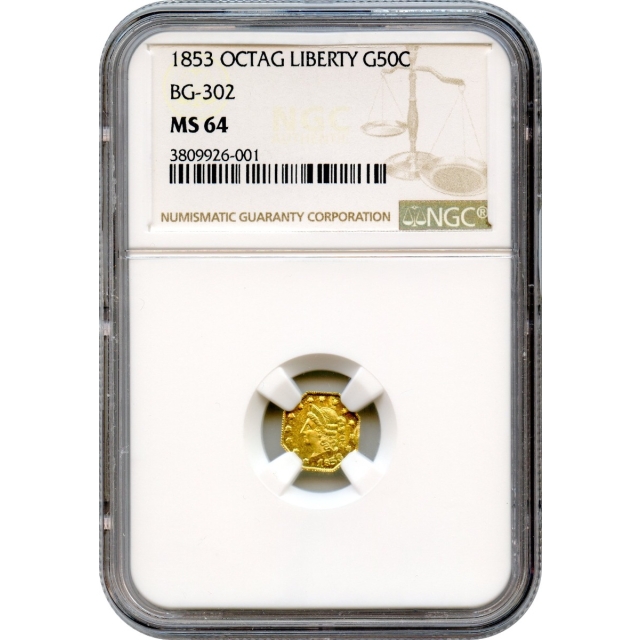 BG- 302, 1853 California Gold Rush Circulating Fractional Gold 50C, Liberty Octagonal, "Peacock" Reverse NGC MS64 R4-