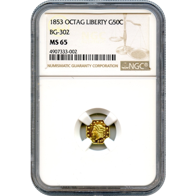 BG- 302, 1853 California Gold Rush Circulating Fractional Gold 50C, Liberty Octagonal, Peacock Reverse NGC MS65 R4-