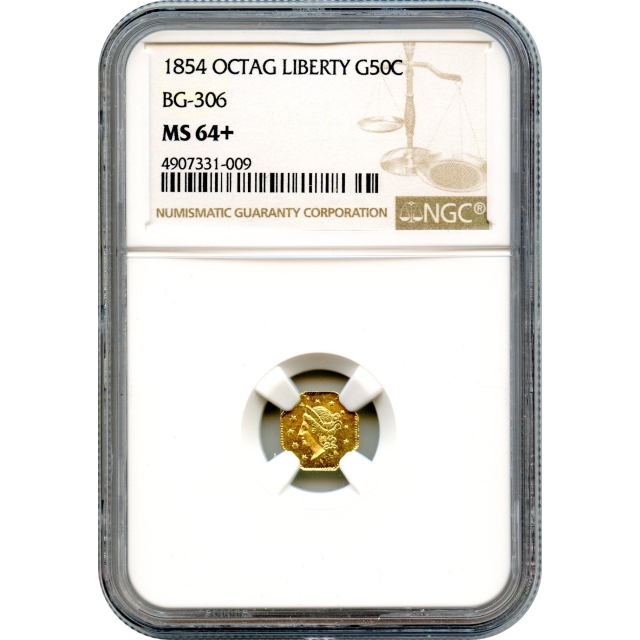 BG- 306, 1854 California Gold Rush Circulating Fractional Gold 50C, Liberty Octagonal, NGC MS64+ R4