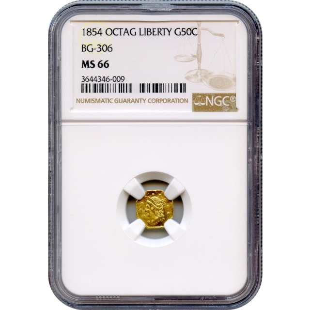 BG- 306, 1854 California Gold Rush Circulating Fractional Gold 50C, Liberty Octagonal, NGC MS66 R4 - Tied for Finest Known!