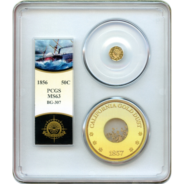 BG- 307, 1856 California Gold Rush Circulating Fractional Gold 50C, Liberty Octagonal, PCGS MS63 Ex.SS Central America