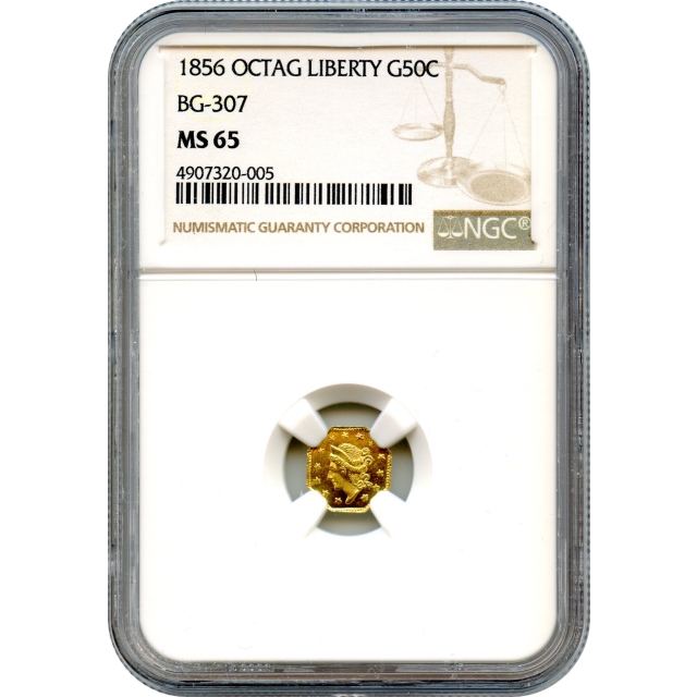 BG- 307, 1856 California Gold Rush Circulating Fractional Gold 50C, Liberty Octagonal, NGC MS65, R5+ Sole Finest Known!