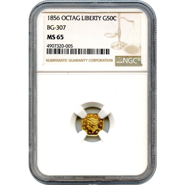 BG- 307, 1856 California Gold Rush Circulating Fractional Gold 50C, Liberty Octagonal, NGC MS65, R5+ 