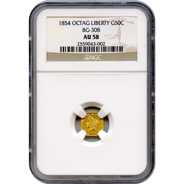 BG- 308 G50C 1854 California Fractional, Liberty Octagonal NGC AU58 R4