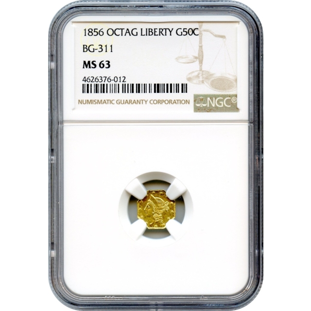 BG- 311, 1856 California Gold Rush Circulating Fractional Gold 50C, Liberty Octagonal NGC MS63 R4-