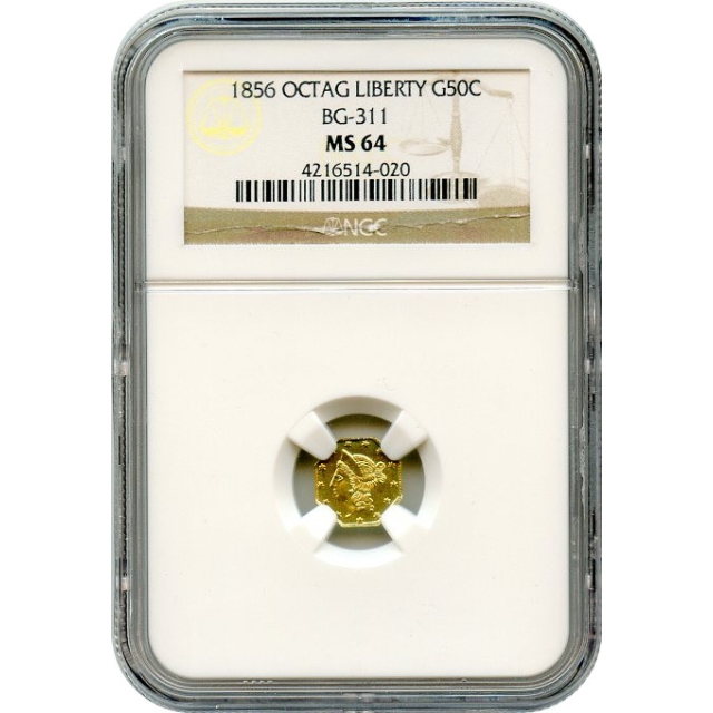 BG- 311, 1856 California Gold Rush Circulating Fractional Gold 50C, Liberty Octagonal NGC MS64 R4-