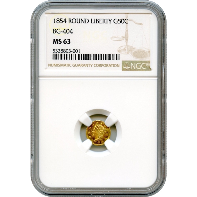 BG- 404, 1854 California Gold Rush Circulating Fractional Gold 50C, Liberty Round NGC MS63 R7- 